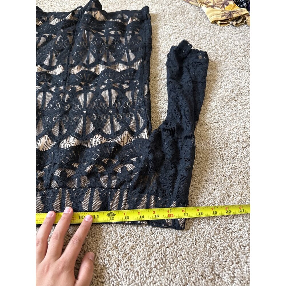 Crystal Doll Black Lace Bell Sleeve Mini Dress Nude Lining Boat Neck Womens M - Picture 11 of 11
